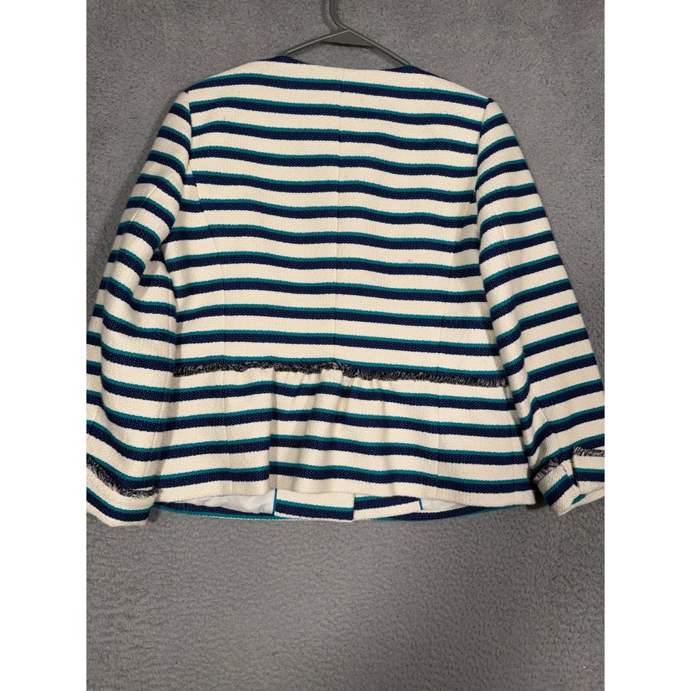 Talbots Women's Striped Blazer Jacket Size 8 Navy Teal White Fringe Collarless - Picture 7 of 9